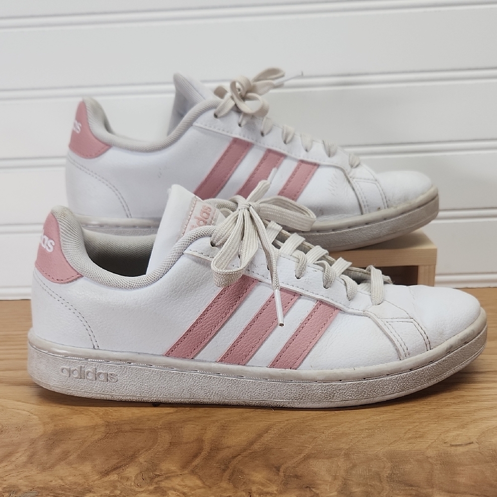 Adidas Women's Neo Grand Court White and Pink Striped Sneakers Size 7